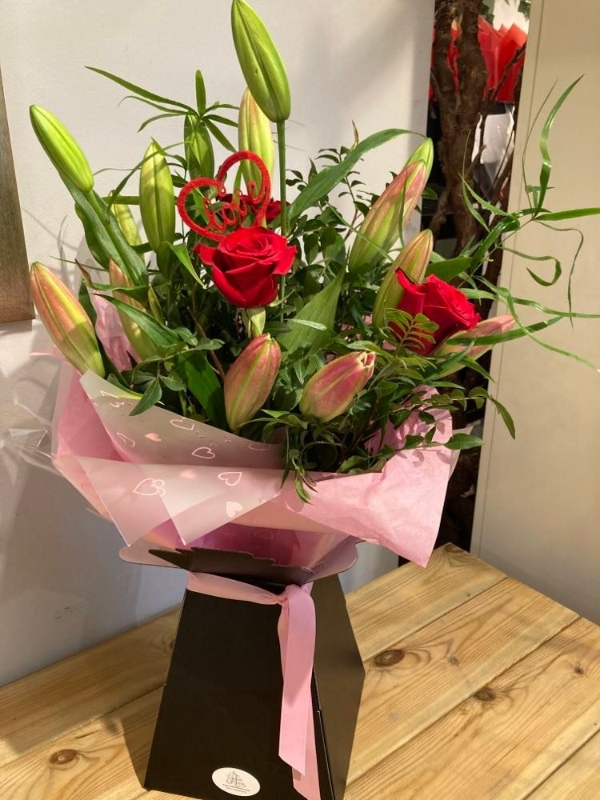 Valentines Rose and Lily Aqua Pac Hand Tied