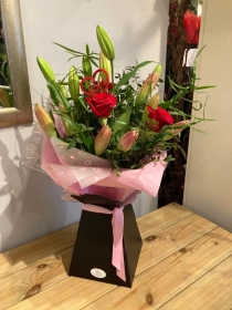 Valentines Rose and Lily Aqua Pac Hand Tied