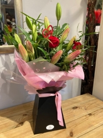Valentines Rose and Lily Aqua Pac Hand Tied
